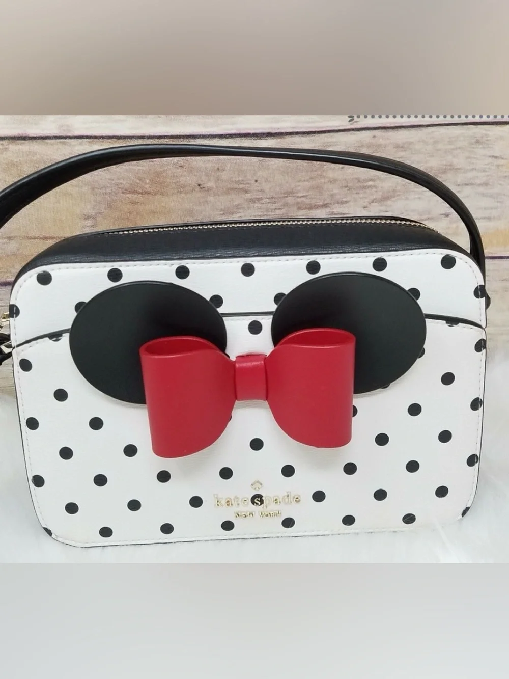EUC  Kate Spade/ Disney White Polka Dot Crossbody with Black Ears & Red Bow